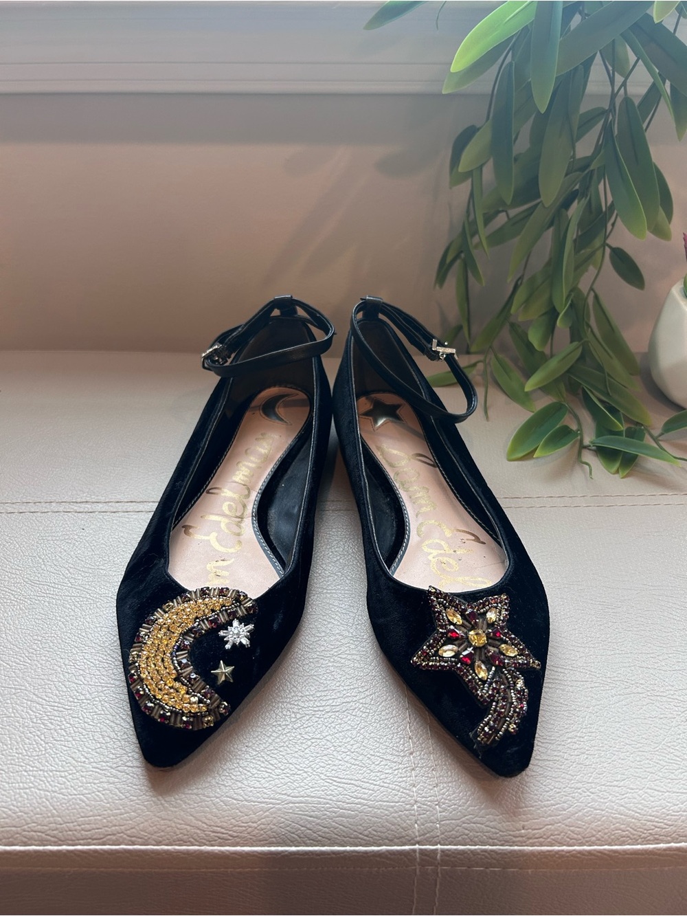 Sam Edelman Sun and Moon Black Embellished Pointed-Toe Ankle-Strap Flats
